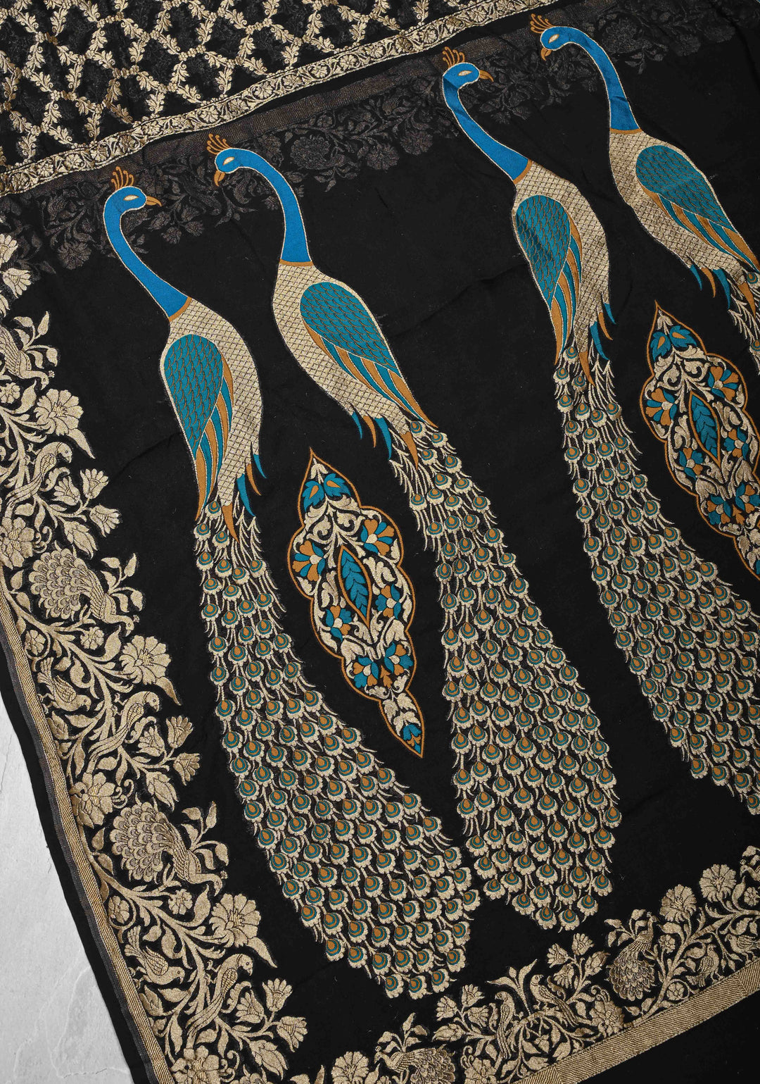 Black Banarasi Georgette Silk Saree with Zari Jaal and Resplendent Peacock Meenakari Pallu | SILK MARK CERTIFIED