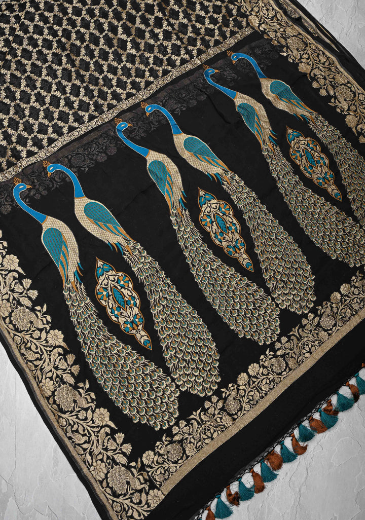 Black Banarasi Georgette Silk Saree with Zari Jaal and Resplendent Peacock Meenakari Pallu | SILK MARK CERTIFIED
