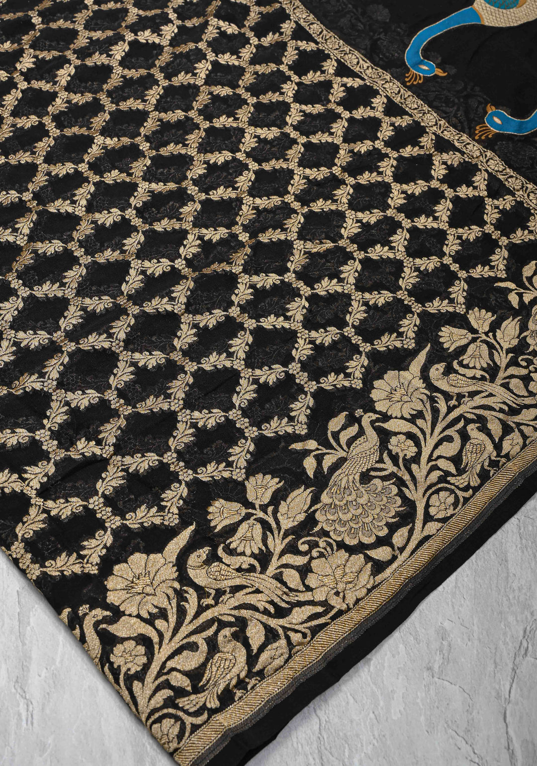 Black Banarasi Georgette Silk Saree with Zari Jaal and Resplendent Peacock Meenakari Pallu | SILK MARK CERTIFIED