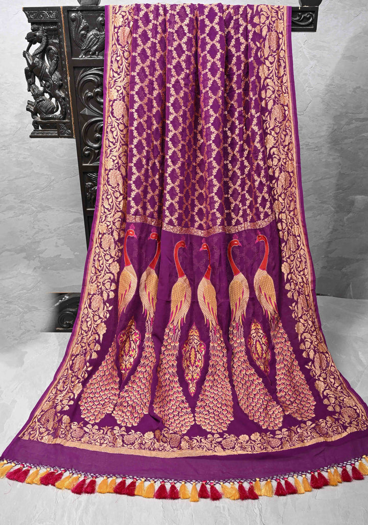 Magenta Banarasi Georgette Silk Saree with Zari Jaal and Resplendent Peacock Meenakari Pallu | SILK MARK CERTIFIED
