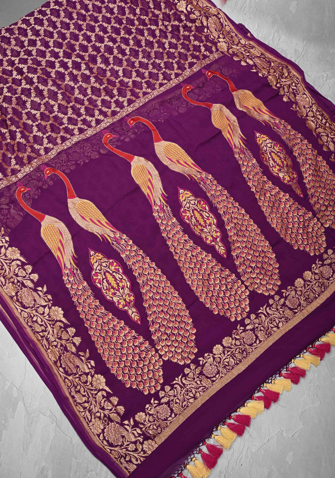 Magenta Banarasi Georgette Silk Saree with Zari Jaal and Resplendent Peacock Meenakari Pallu | SILK MARK CERTIFIED