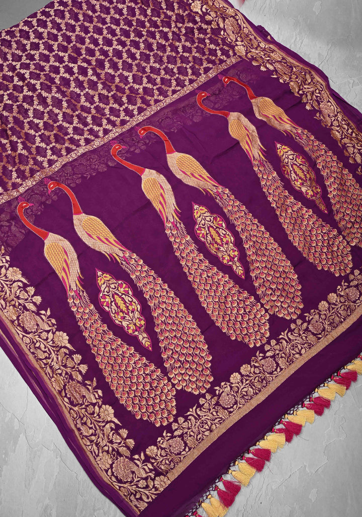 Magenta Banarasi Georgette Silk Saree with Zari Jaal and Resplendent Peacock Meenakari Pallu | SILK MARK CERTIFIED