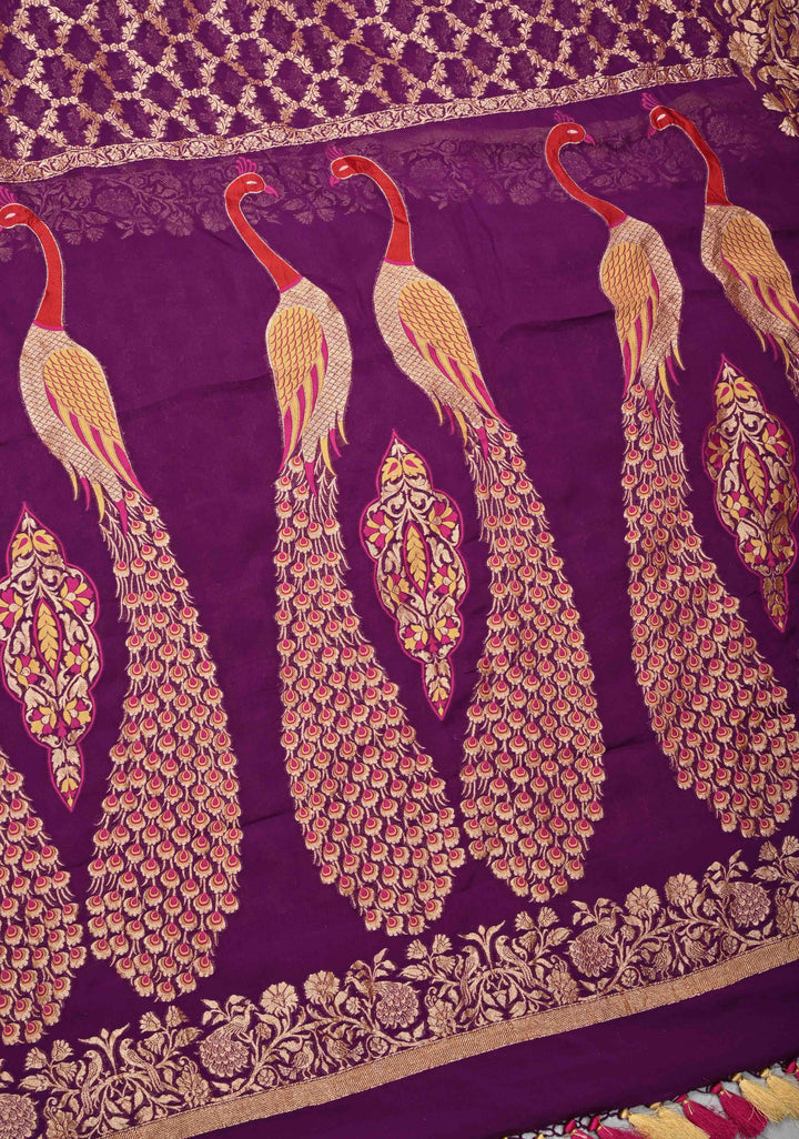 Magenta Banarasi Georgette Silk Saree with Zari Jaal and Resplendent Peacock Meenakari Pallu | SILK MARK CERTIFIED