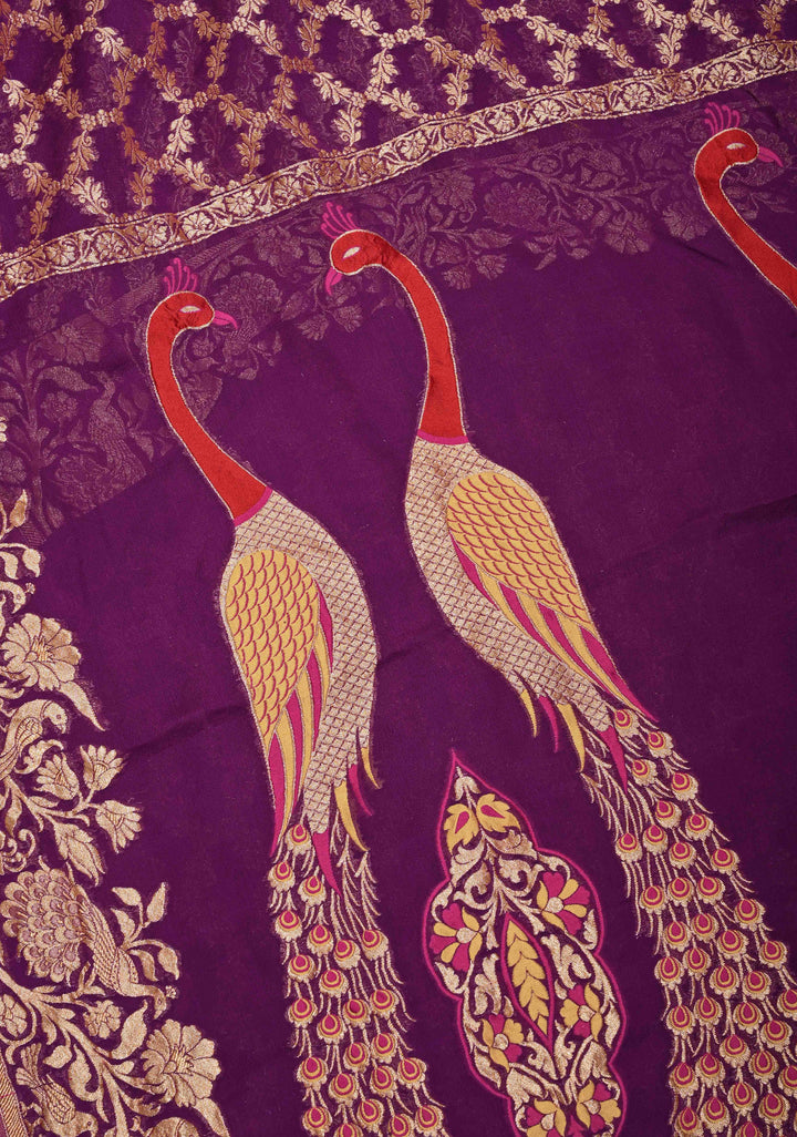 Magenta Banarasi Georgette Silk Saree with Zari Jaal and Resplendent Peacock Meenakari Pallu | SILK MARK CERTIFIED