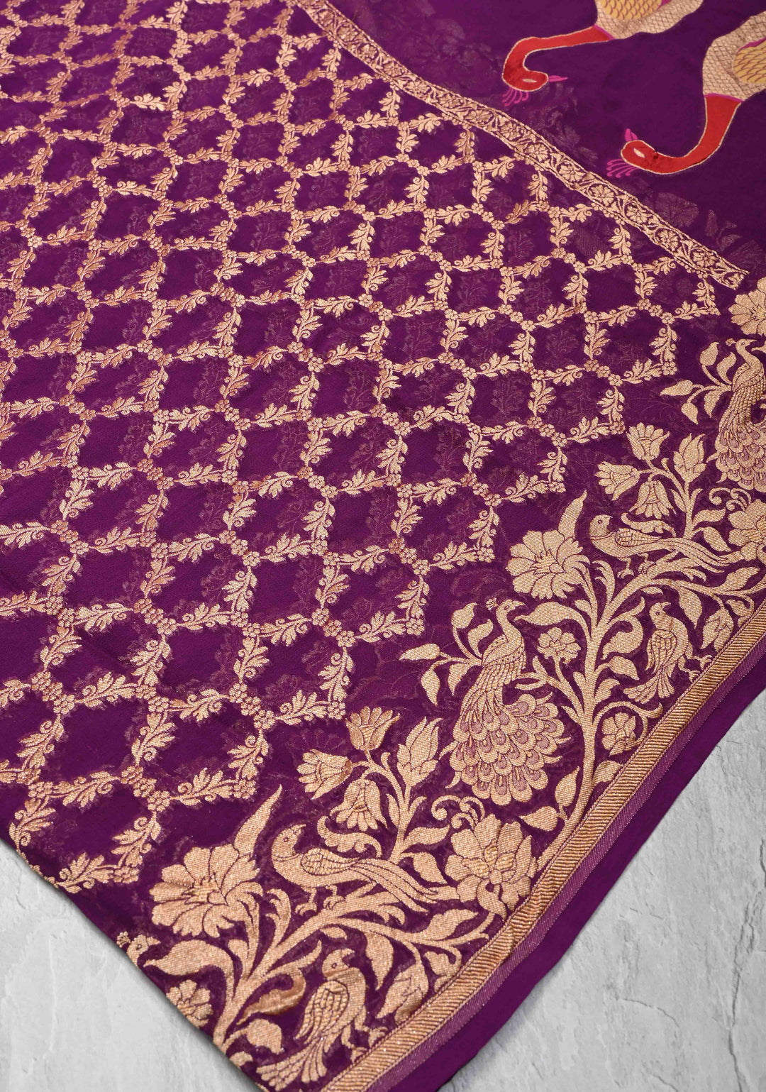 Magenta Banarasi Georgette Silk Saree with Zari Jaal and Resplendent Peacock Meenakari Pallu | SILK MARK CERTIFIED