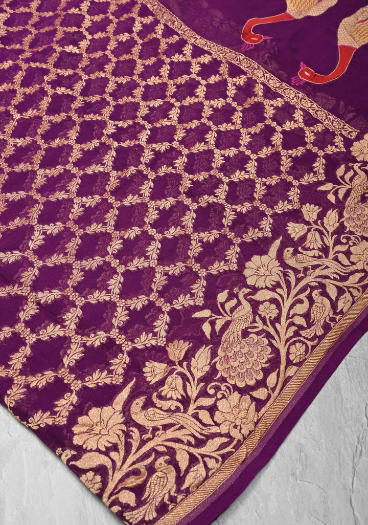 Magenta Banarasi Georgette Silk Saree with Zari Jaal and Resplendent Peacock Meenakari Pallu | SILK MARK CERTIFIED