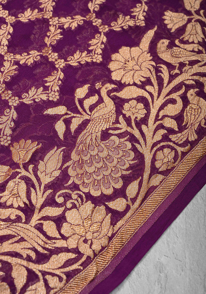 Magenta Banarasi Georgette Silk Saree with Zari Jaal and Resplendent Peacock Meenakari Pallu | SILK MARK CERTIFIED