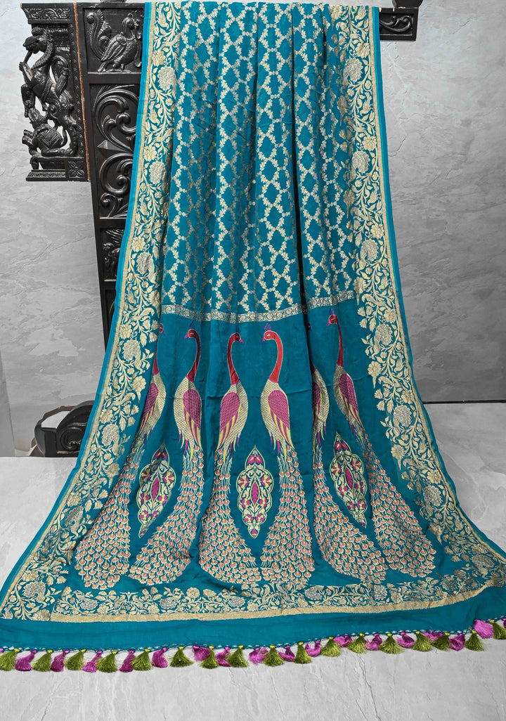 Teal Blue Banarasi Georgette Silk Saree with Zari Jaal and Resplendent Peacock Meenakari Pallu | SILK MARK CERTIFIED