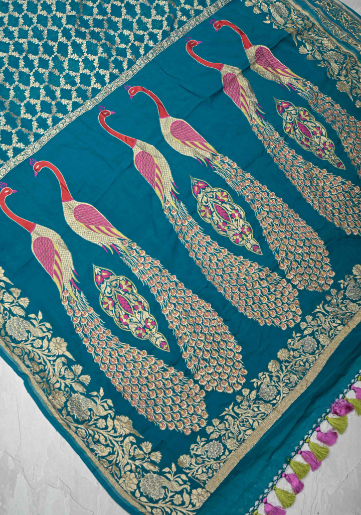 Teal Blue Banarasi Georgette Silk Saree with Zari Jaal and Resplendent Peacock Meenakari Pallu | SILK MARK CERTIFIED
