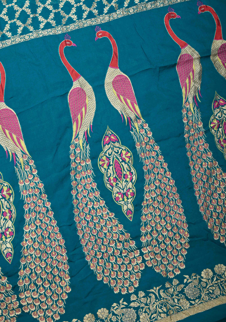 Teal Blue Banarasi Georgette Silk Saree with Zari Jaal and Resplendent Peacock Meenakari Pallu | SILK MARK CERTIFIED