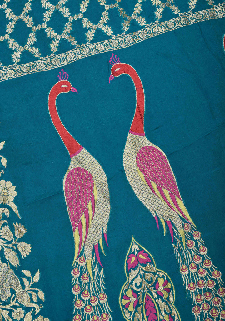 Teal Blue Banarasi Georgette Silk Saree with Zari Jaal and Resplendent Peacock Meenakari Pallu | SILK MARK CERTIFIED