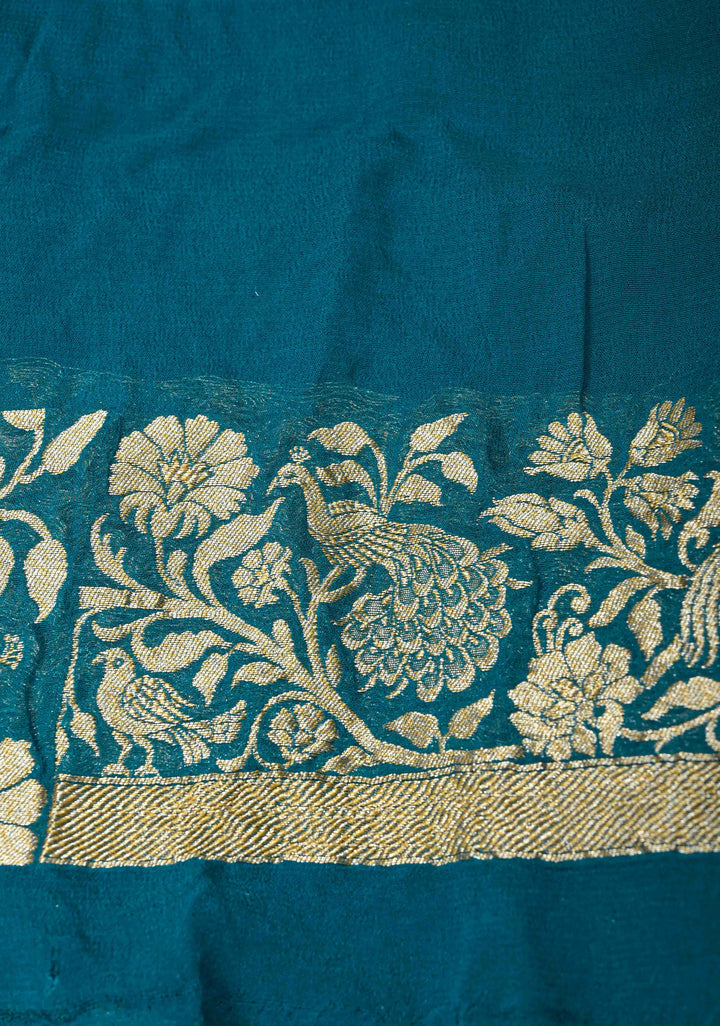 Teal Blue Banarasi Georgette Silk Saree with Zari Jaal and Resplendent Peacock Meenakari Pallu | SILK MARK CERTIFIED
