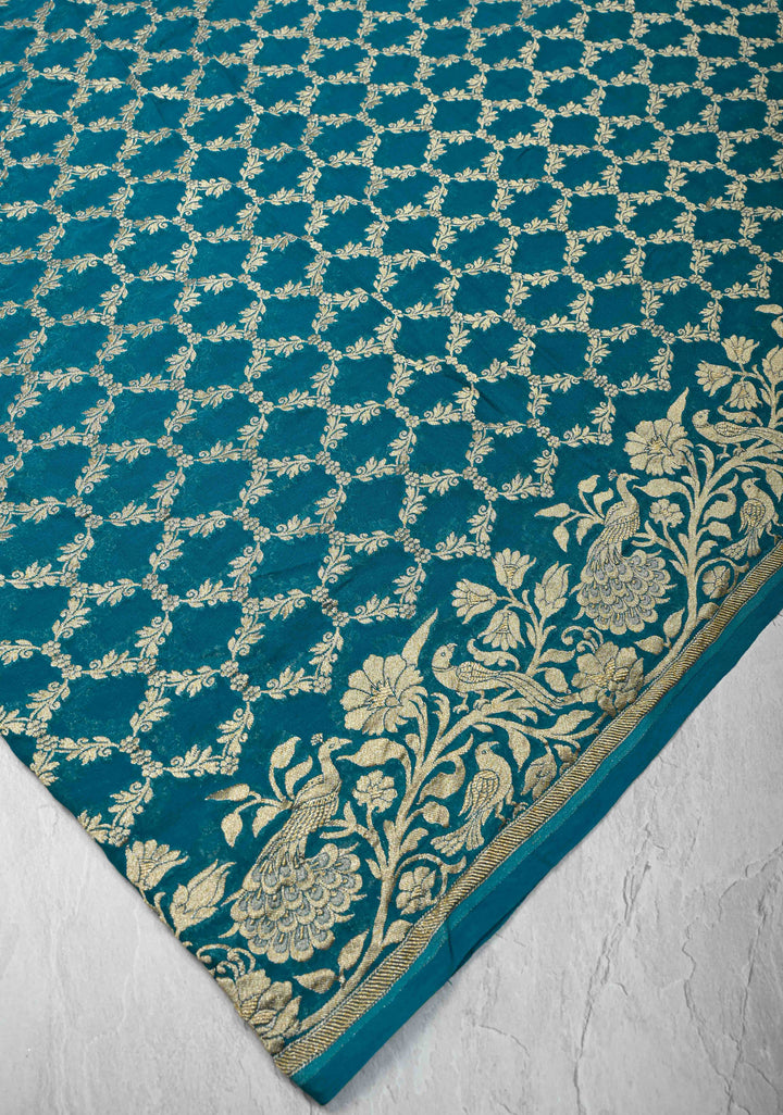 Teal Blue Banarasi Georgette Silk Saree with Zari Jaal and Resplendent Peacock Meenakari Pallu | SILK MARK CERTIFIED