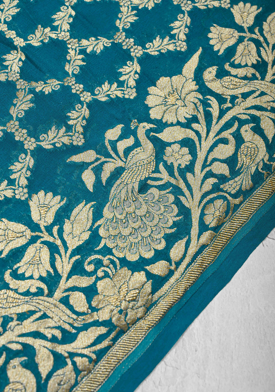 Teal Blue Banarasi Georgette Silk Saree with Zari Jaal and Resplendent Peacock Meenakari Pallu | SILK MARK CERTIFIED