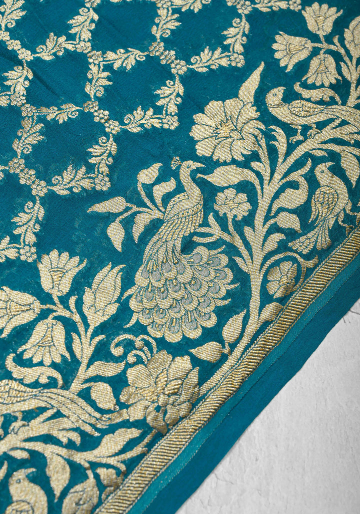 Teal Blue Banarasi Georgette Silk Saree with Zari Jaal and Resplendent Peacock Meenakari Pallu | SILK MARK CERTIFIED