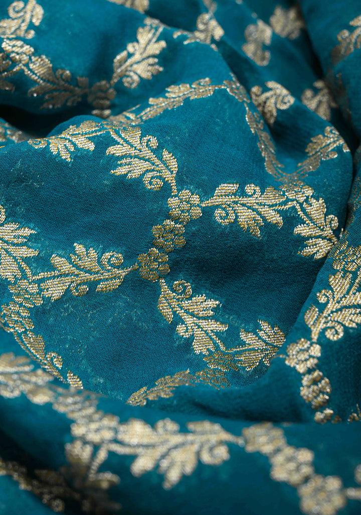 Teal Blue Banarasi Georgette Silk Saree with Zari Jaal and Resplendent Peacock Meenakari Pallu | SILK MARK CERTIFIED