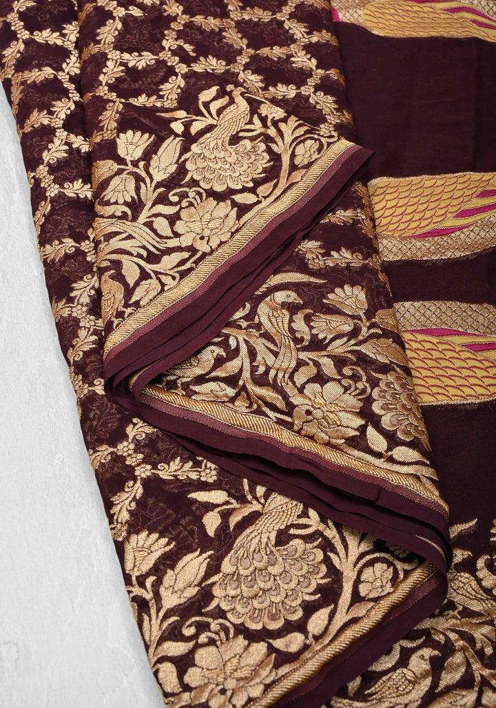 Chocolate Brown Banarasi Georgette Silk Saree with Zari Jaal and Resplendent Peacock Meenakari Pallu | SILK MARK CERTIFIED