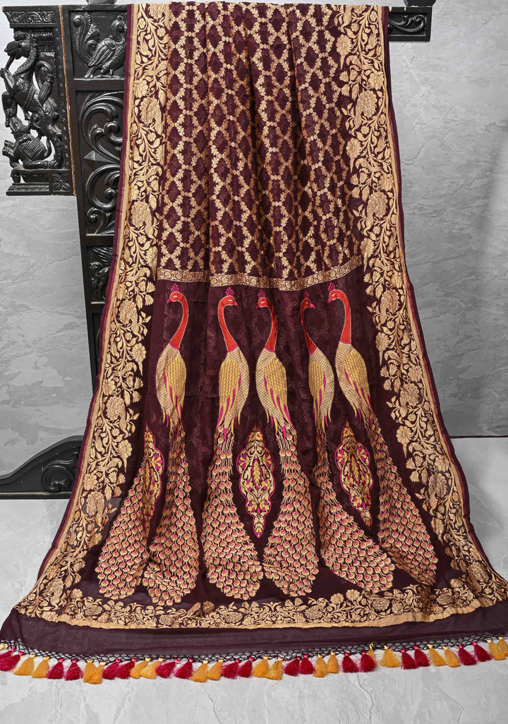 Chocolate Brown Banarasi Georgette Silk Saree with Zari Jaal and Resplendent Peacock Meenakari Pallu | SILK MARK CERTIFIED