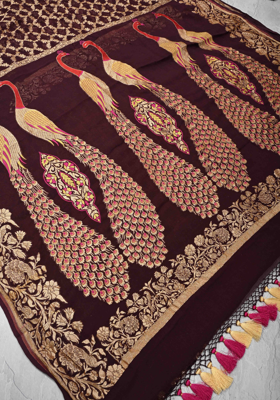 Chocolate Brown Banarasi Georgette Silk Saree with Zari Jaal and Resplendent Peacock Meenakari Pallu | SILK MARK CERTIFIED