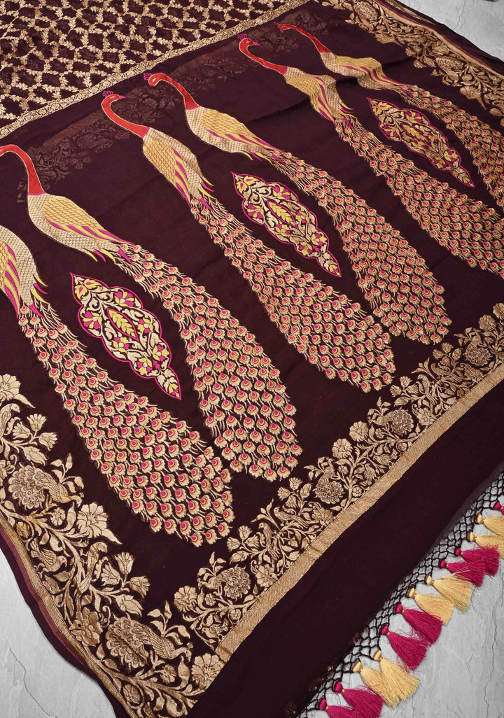 Chocolate Brown Banarasi Georgette Silk Saree with Zari Jaal and Resplendent Peacock Meenakari Pallu | SILK MARK CERTIFIED
