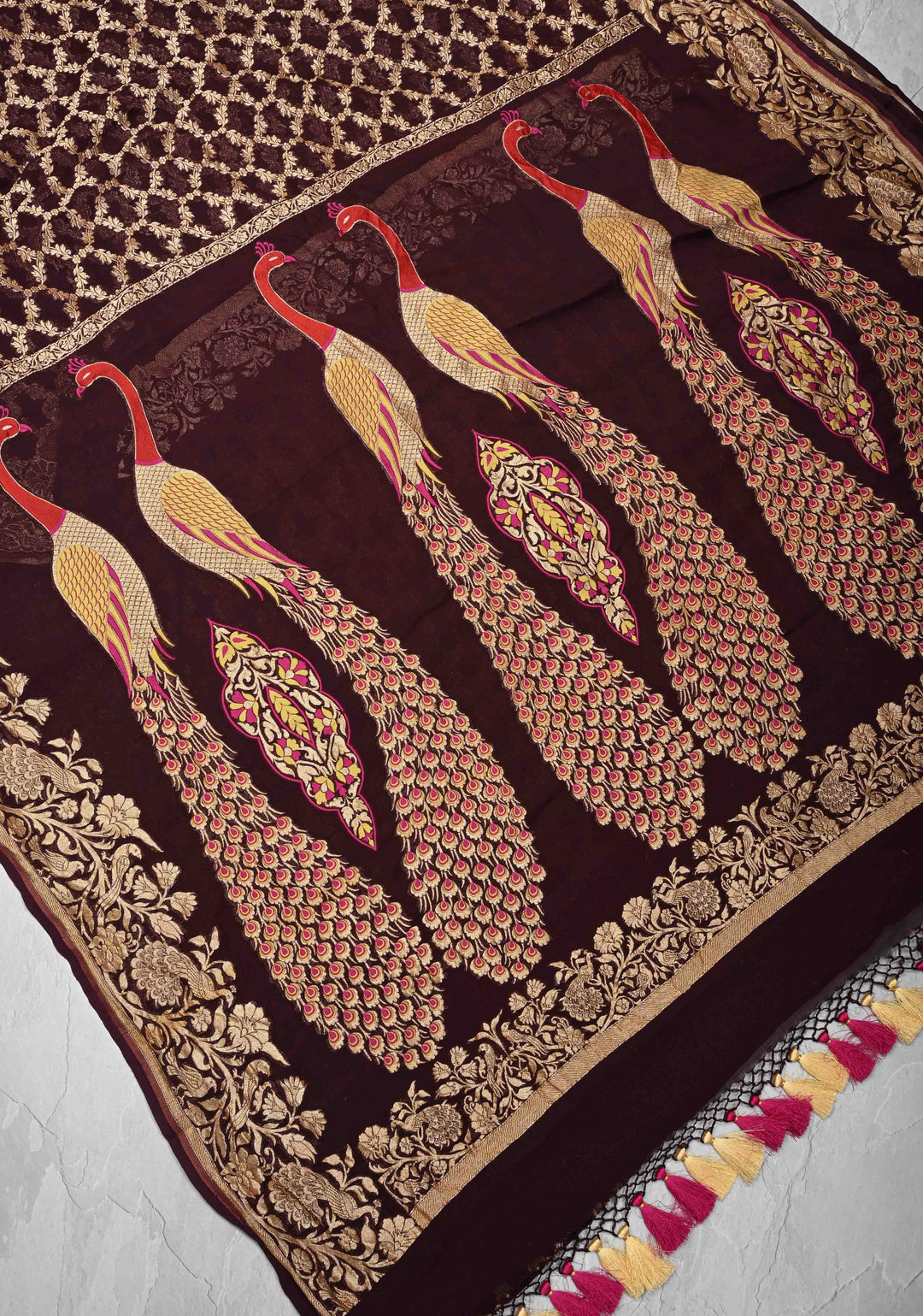 Chocolate Brown Banarasi Georgette Silk Saree with Zari Jaal and Resplendent Peacock Meenakari Pallu | SILK MARK CERTIFIED