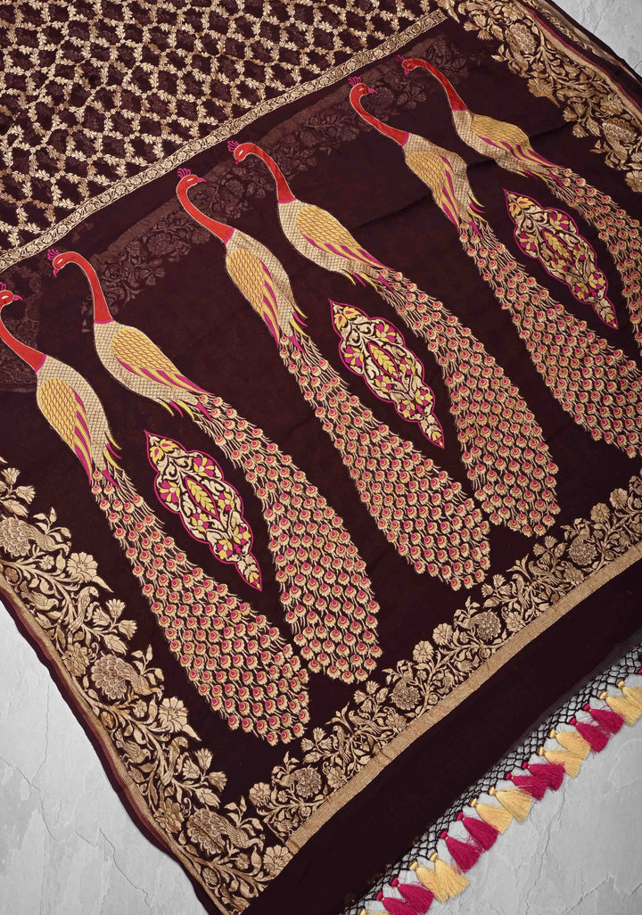 Chocolate Brown Banarasi Georgette Silk Saree with Zari Jaal and Resplendent Peacock Meenakari Pallu | SILK MARK CERTIFIED