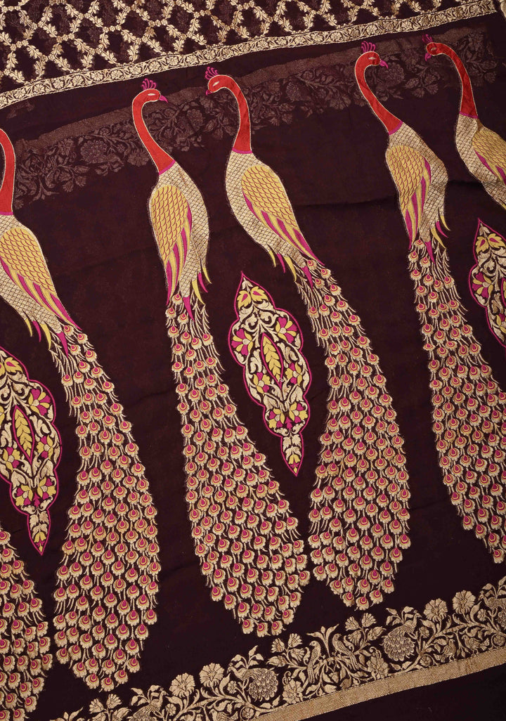 Chocolate Brown Banarasi Georgette Silk Saree with Zari Jaal and Resplendent Peacock Meenakari Pallu | SILK MARK CERTIFIED
