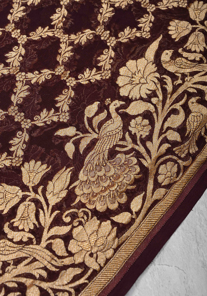 Chocolate Brown Banarasi Georgette Silk Saree with Zari Jaal and Resplendent Peacock Meenakari Pallu | SILK MARK CERTIFIED