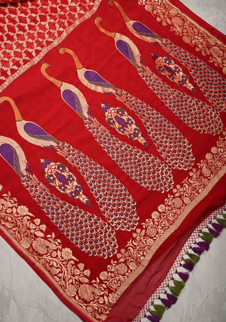 Dupatta: Authentic Bandhej Banarasi Pure Silk Georgette Bright Red Dupatta with Jaal Zari & Peacock Meenakari Pallu | SILK MARK CERTIFIED