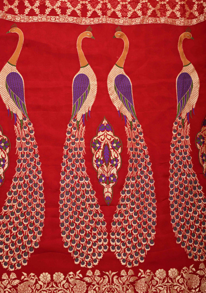 Dupatta: Authentic Bandhej Banarasi Pure Silk Georgette Bright Red Dupatta with Jaal Zari & Peacock Meenakari Pallu | SILK MARK CERTIFIED