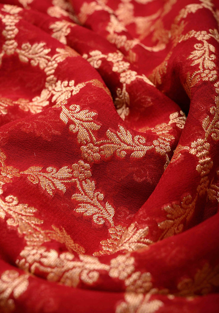Dupatta: Authentic Bandhej Banarasi Pure Silk Georgette Bright Red Dupatta with Jaal Zari & Peacock Meenakari Pallu | SILK MARK CERTIFIED