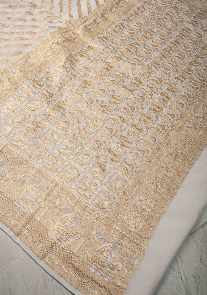 White Banarasi Georgette Silk Saree with Gold Silver Diamond Design and Zari Border | SILK MARK CERTIFIED