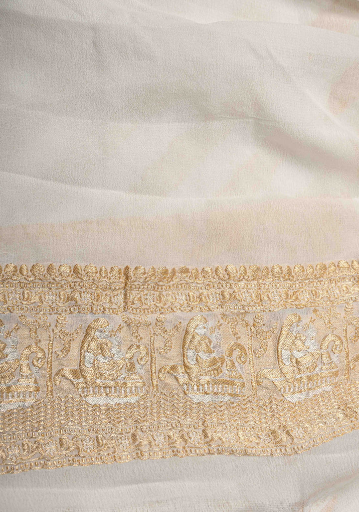 White Banarasi Georgette Silk Saree with Gold Silver Diamond Design and Zari Border | SILK MARK CERTIFIED