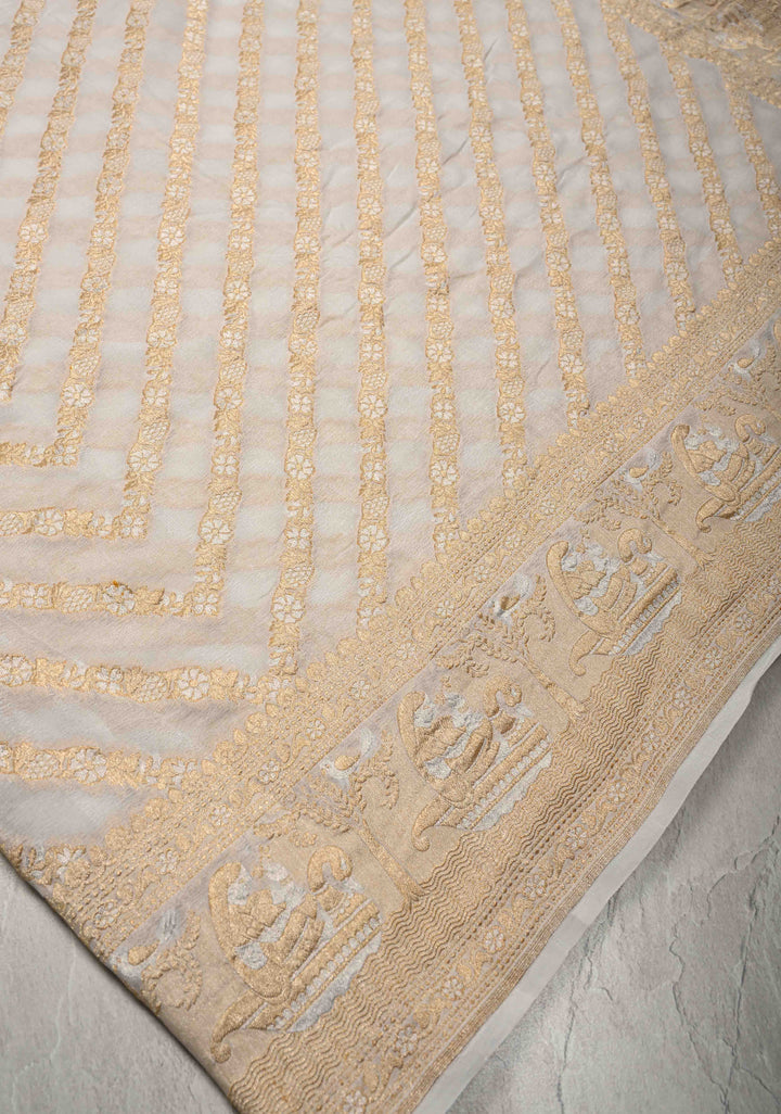 White Banarasi Georgette Silk Saree with Gold Silver Diamond Design and Zari Border | SILK MARK CERTIFIED