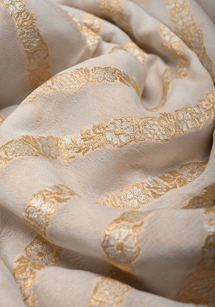 White Banarasi Georgette Silk Saree with Gold Silver Diamond Design and Zari Border | SILK MARK CERTIFIED