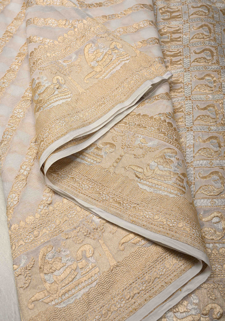 White Banarasi Georgette Silk Saree with Gold Silver Diamond Design and Zari Border | SILK MARK CERTIFIED