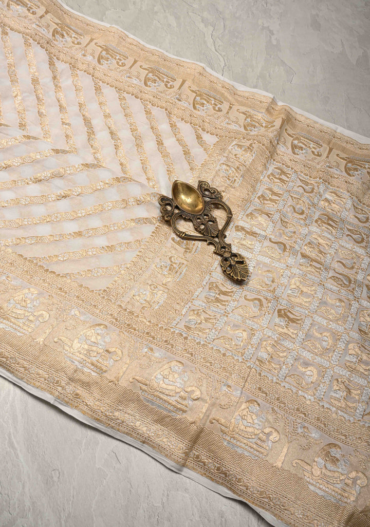 White Banarasi Georgette Silk Saree with Gold Silver Diamond Design and Zari Border | SILK MARK CERTIFIED