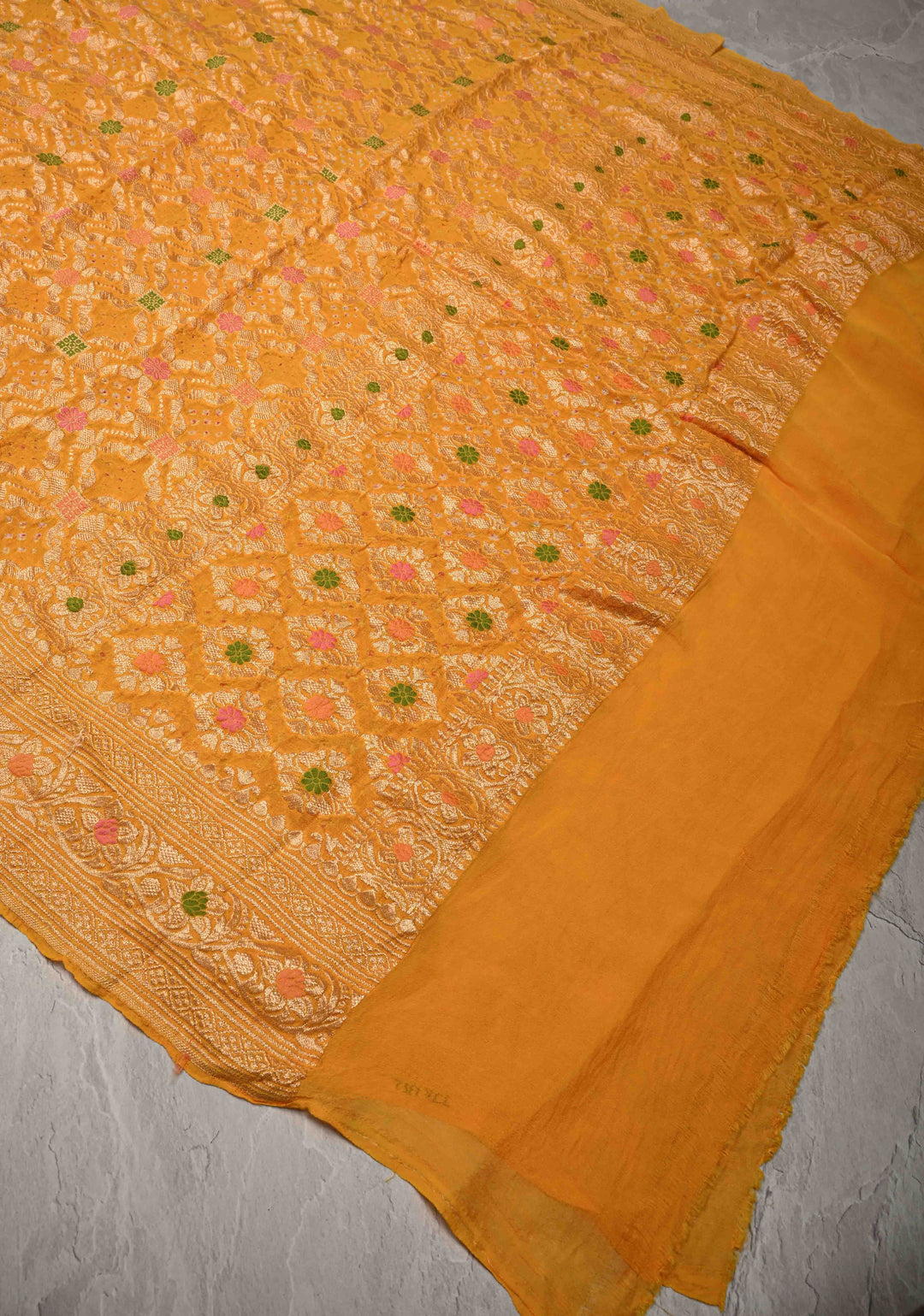 Dupatta:  Yellow Banarasi Pure Silk Georgette Dupatta with Meenakari- Bandhej jaal Design and pallu| SILK MARK CERTIFIED