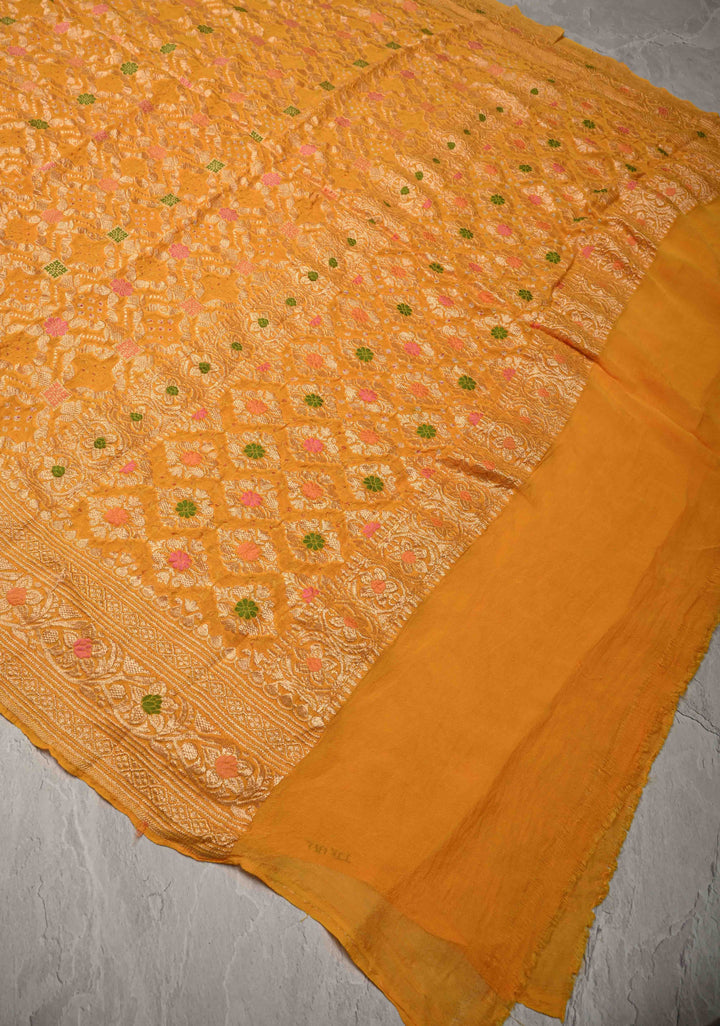 Dupatta:  Yellow Banarasi Pure Silk Georgette Dupatta with Meenakari- Bandhej jaal Design and pallu| SILK MARK CERTIFIED