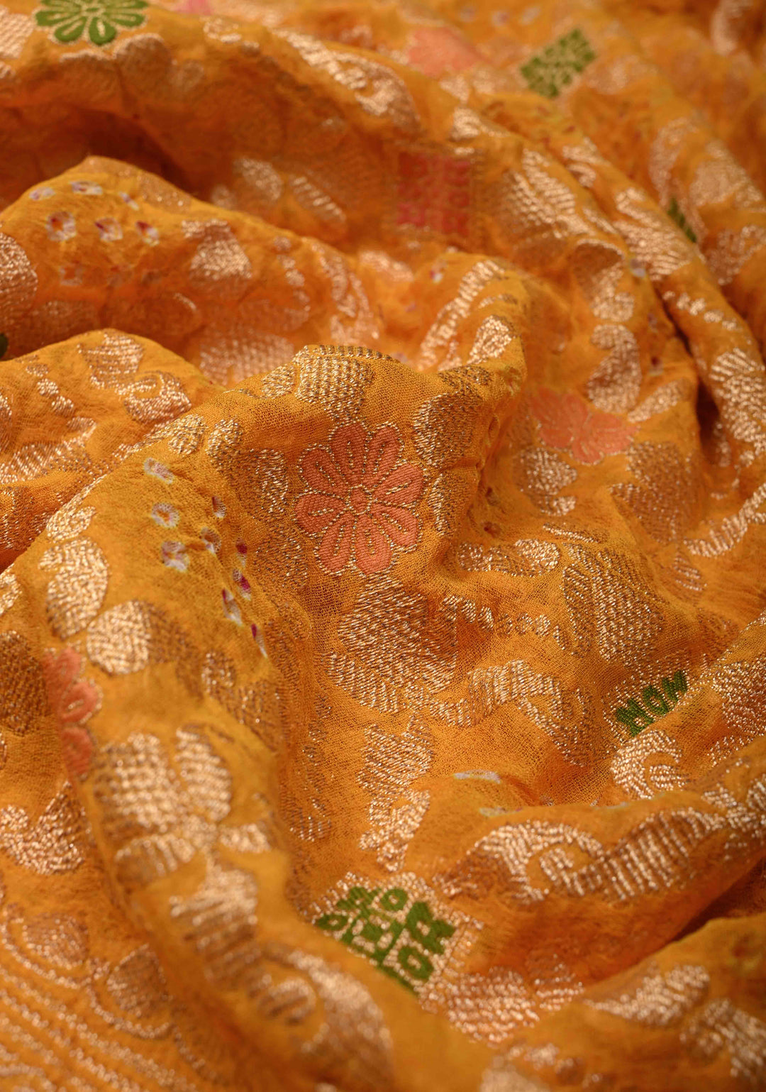 Dupatta:  Yellow Banarasi Pure Silk Georgette Dupatta with Meenakari- Bandhej jaal Design and pallu| SILK MARK CERTIFIED
