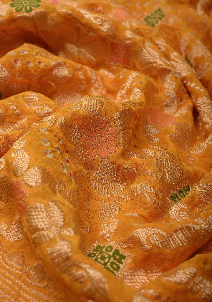 Dupatta:  Yellow Banarasi Pure Silk Georgette Dupatta with Meenakari- Bandhej jaal Design and pallu| SILK MARK CERTIFIED