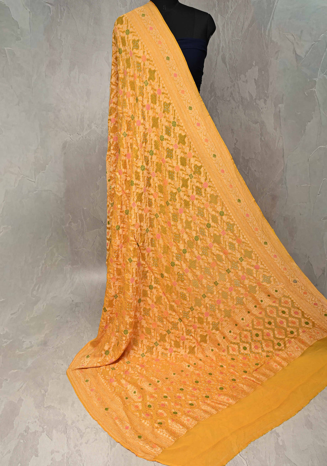 Dupatta:  Yellow Banarasi Pure Silk Georgette Dupatta with Meenakari- Bandhej jaal Design and pallu| SILK MARK CERTIFIED