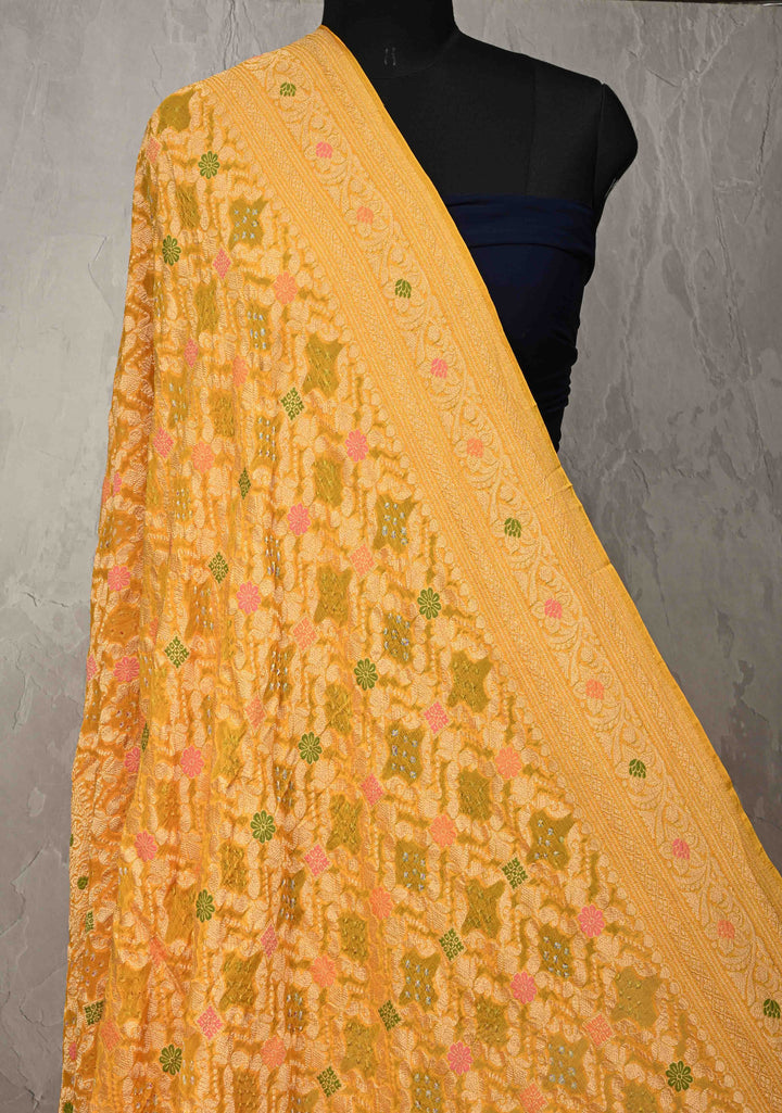 Dupatta:  Yellow Banarasi Pure Silk Georgette Dupatta with Meenakari- Bandhej jaal Design and pallu| SILK MARK CERTIFIED