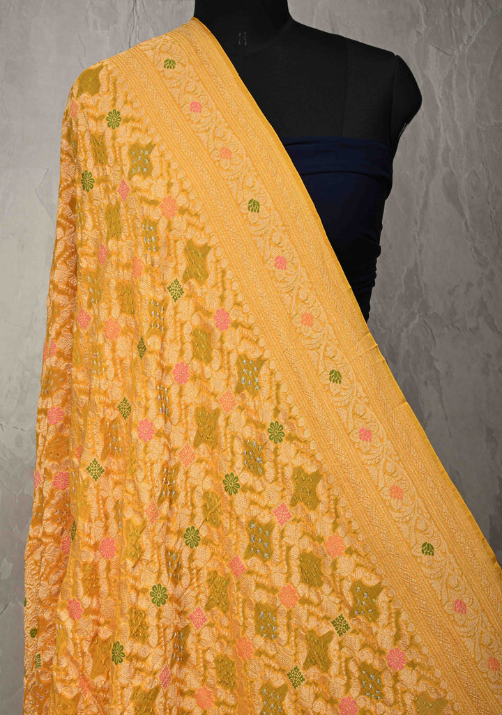Dupatta:  Yellow Banarasi Pure Silk Georgette Dupatta with Meenakari- Bandhej jaal Design and pallu| SILK MARK CERTIFIED