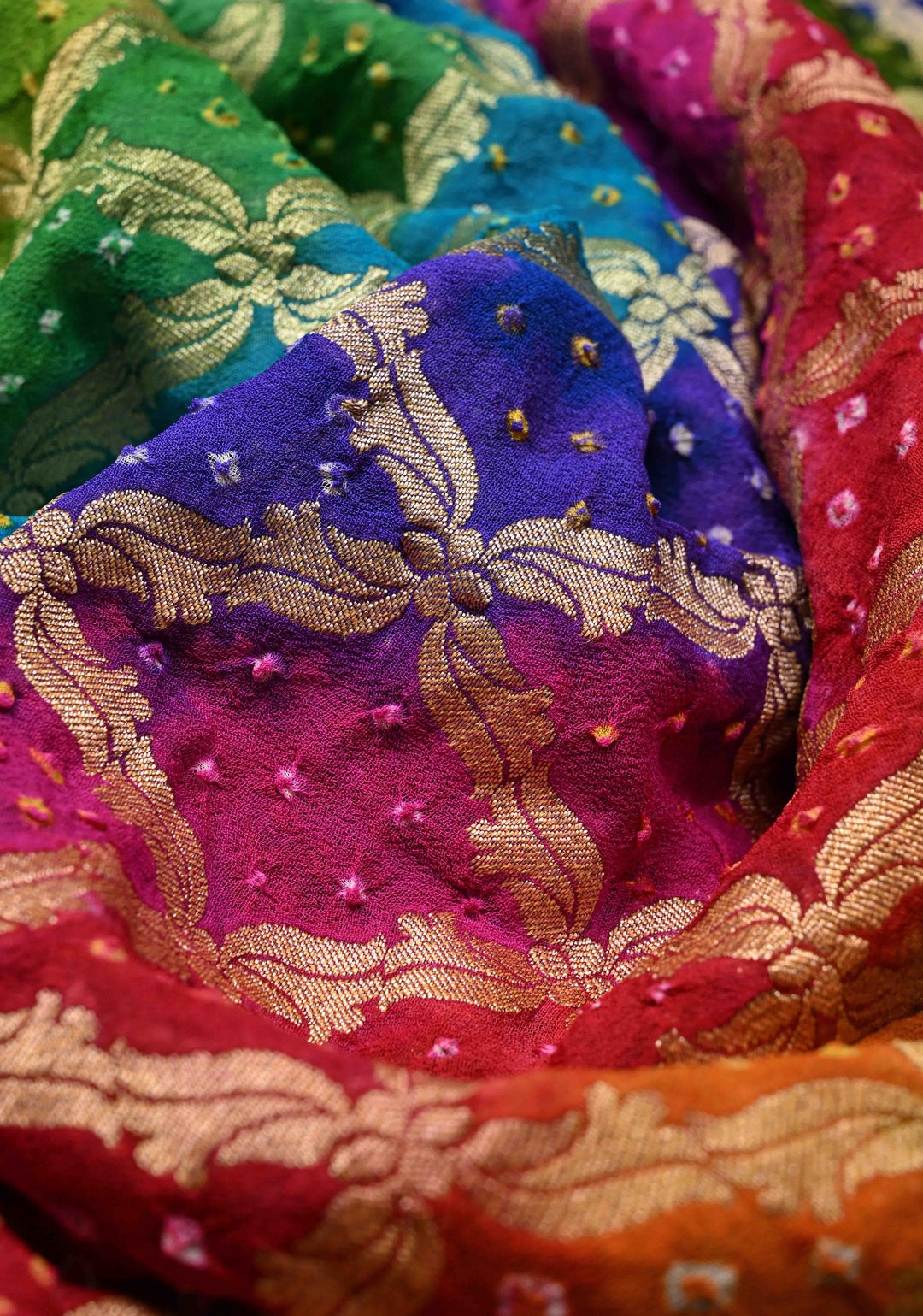 Authentic Rainbow Hand Bandhej Banarasi Jaal Silk Georgette Saree with Blue Pallu Zari Border | SILK MARK CERTIFIED