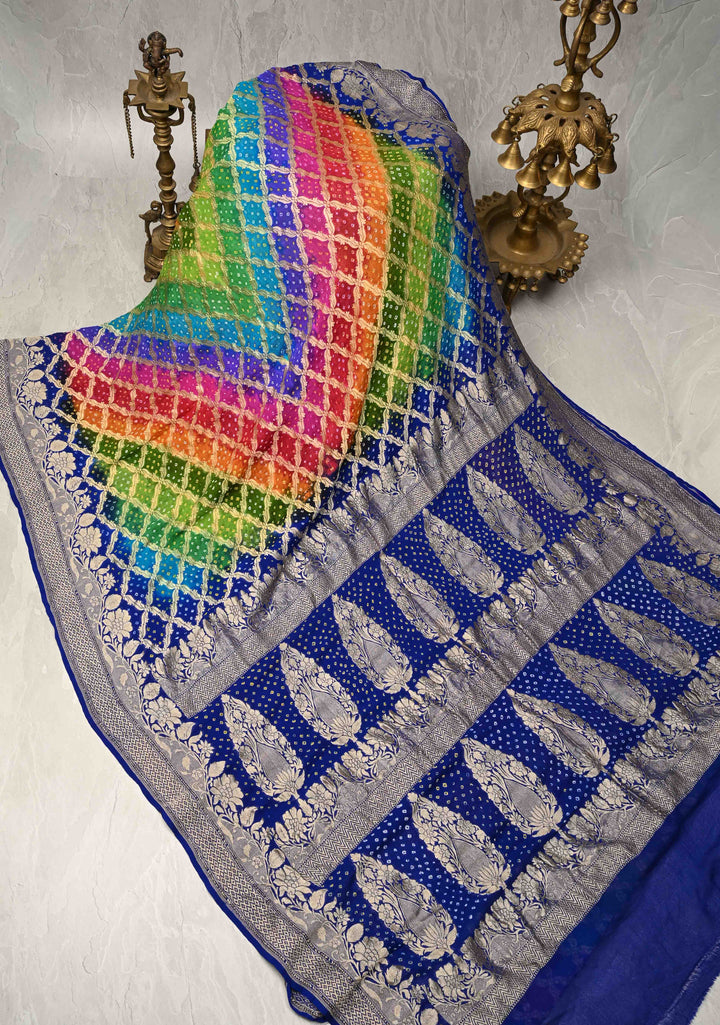 Authentic Rainbow Hand Bandhej Banarasi Jaal Silk Georgette Saree with Blue Pallu Zari Border | SILK MARK CERTIFIED