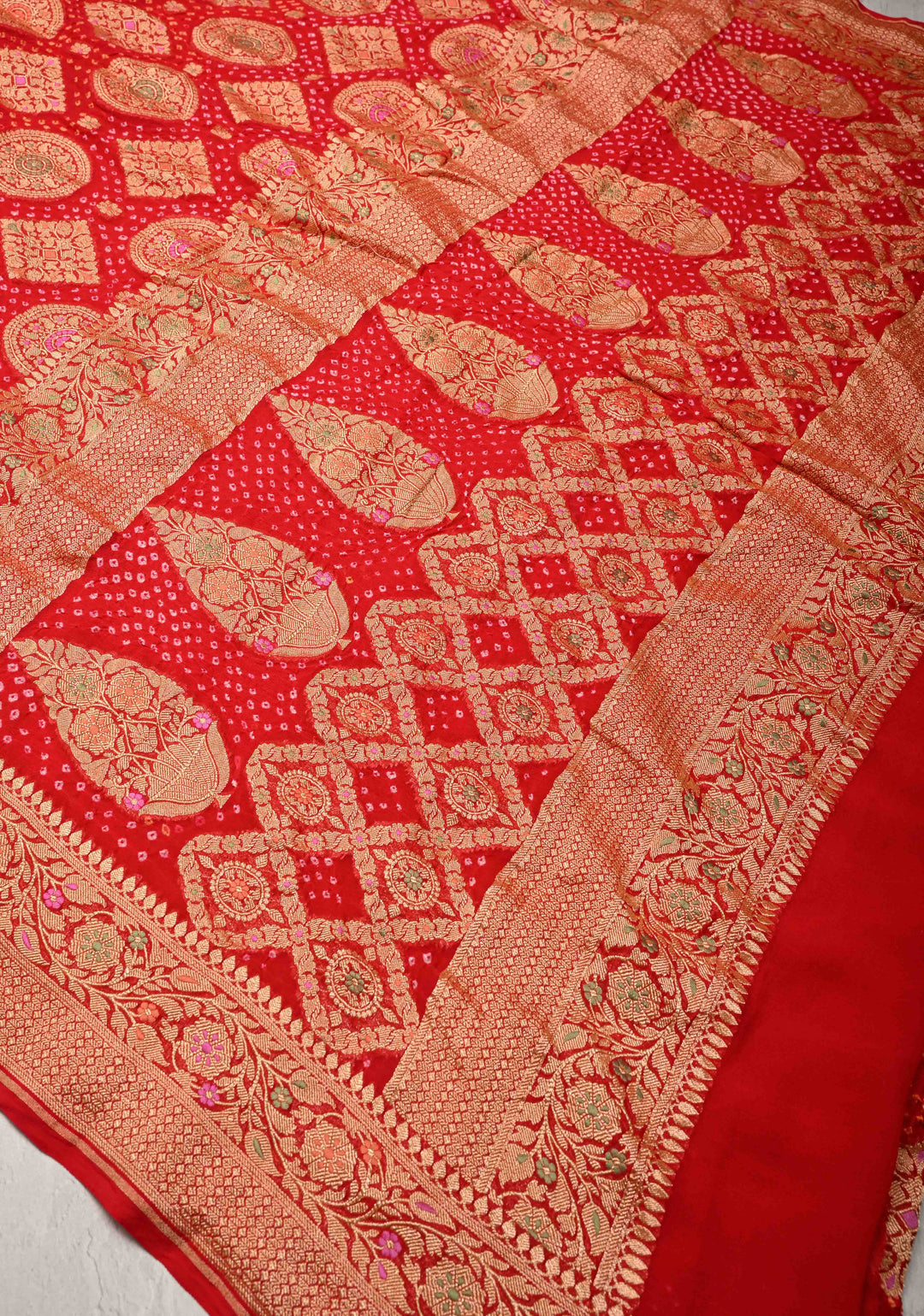 Red Authentic Meenakari  Bandhni Silk Georgette Saree with mandala and Rhombus Motifs Zari Border | SILK MARK CERTIFIED