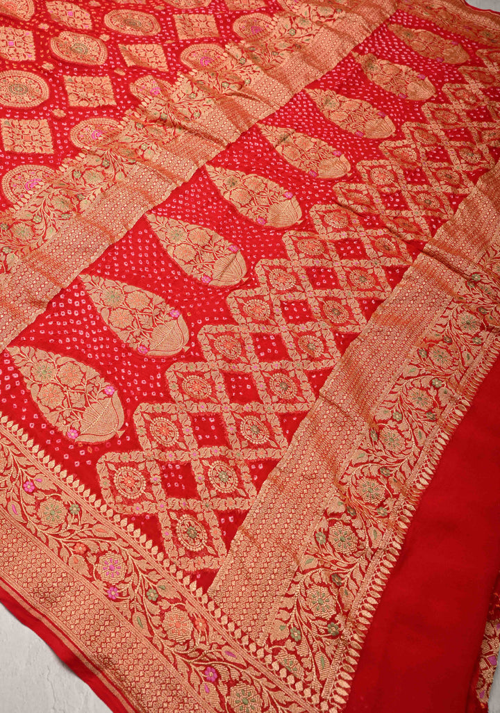 Red Authentic Meenakari  Bandhni Silk Georgette Saree with mandala and Rhombus Motifs Zari Border | SILK MARK CERTIFIED
