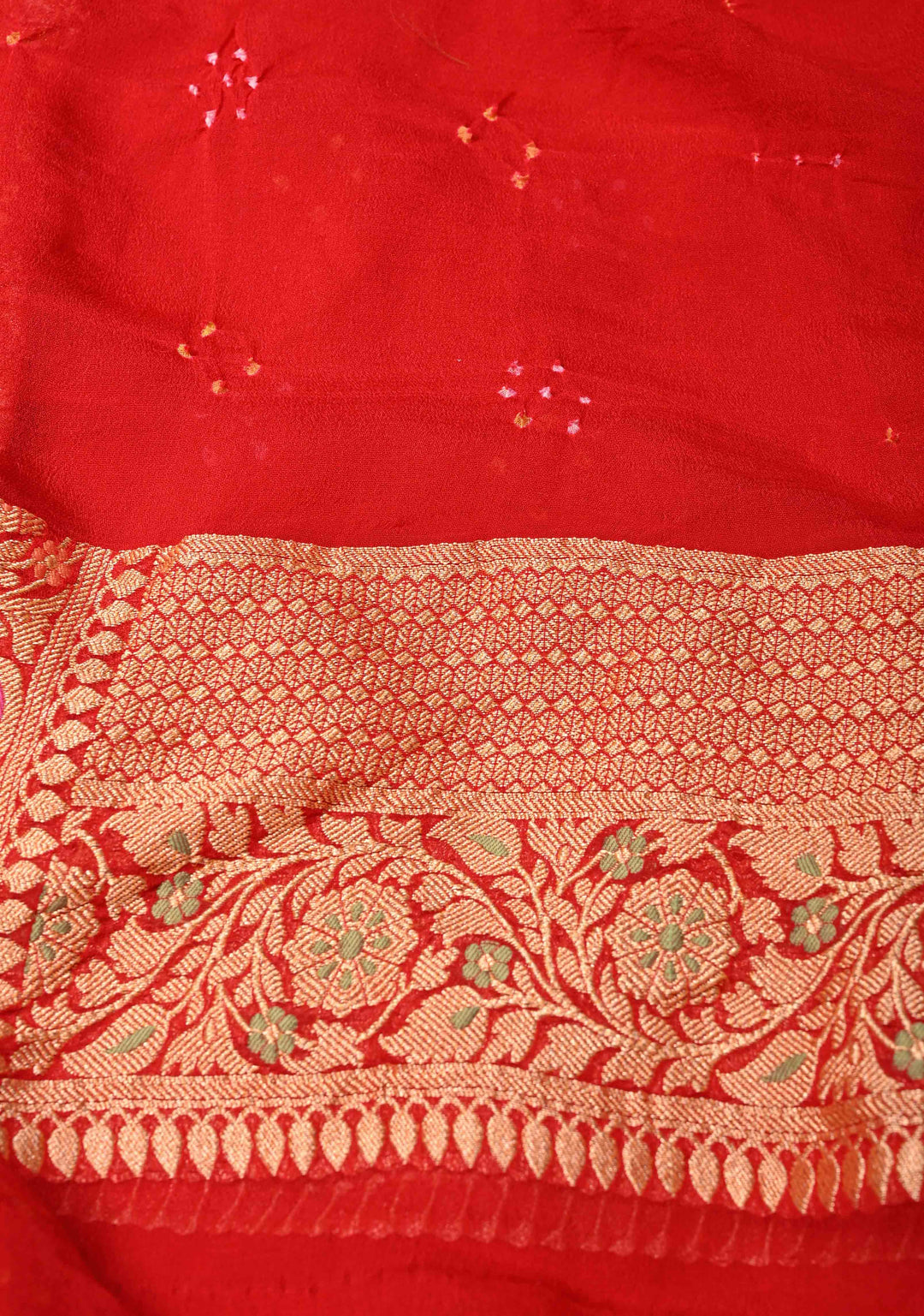 Red Authentic Meenakari  Bandhni Silk Georgette Saree with mandala and Rhombus Motifs Zari Border | SILK MARK CERTIFIED