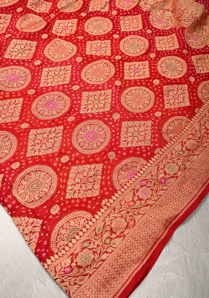 Red Authentic Meenakari  Bandhni Silk Georgette Saree with mandala and Rhombus Motifs Zari Border | SILK MARK CERTIFIED